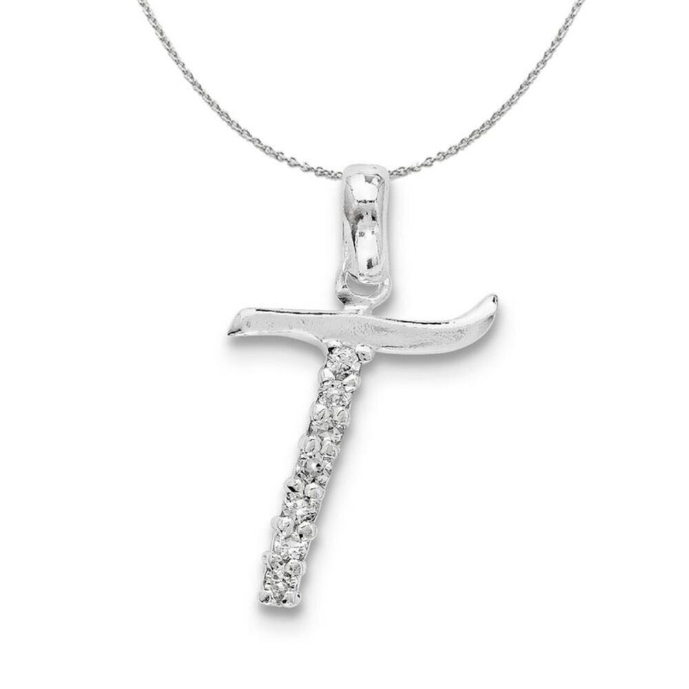 Sterling Silver and CZ, Lauren Collection, Initial T Necklace - 24 In